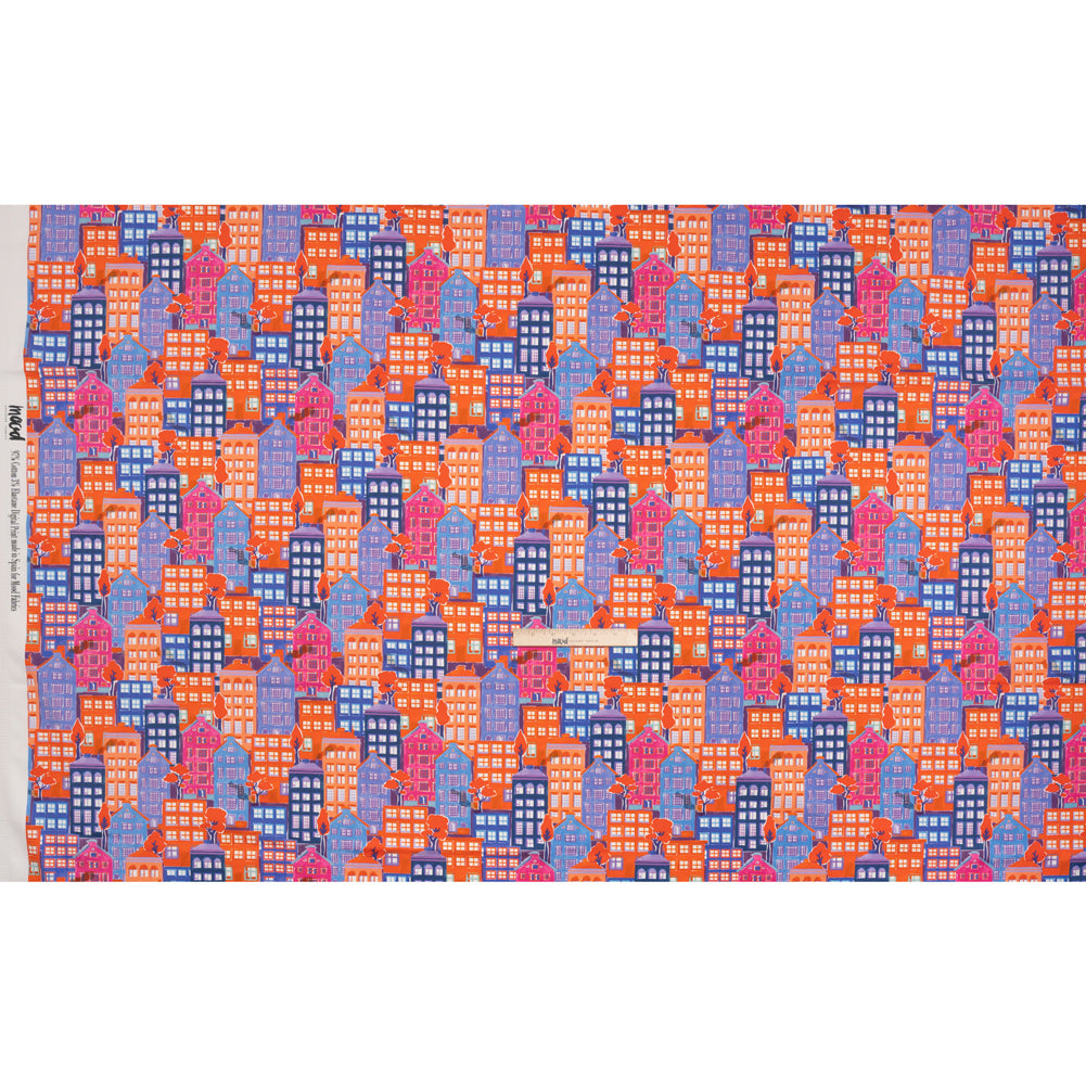 Stretch Cotton Sateen - Purple, Orange and Blue Houses - Sunlit City Print - Mood Exclusive Chariot Collection - Full Stretch Cotton Sateen - Purple, Orange and Blue Houses - Sunlit City Print - Mood Exclusive Chariot Collection - Full