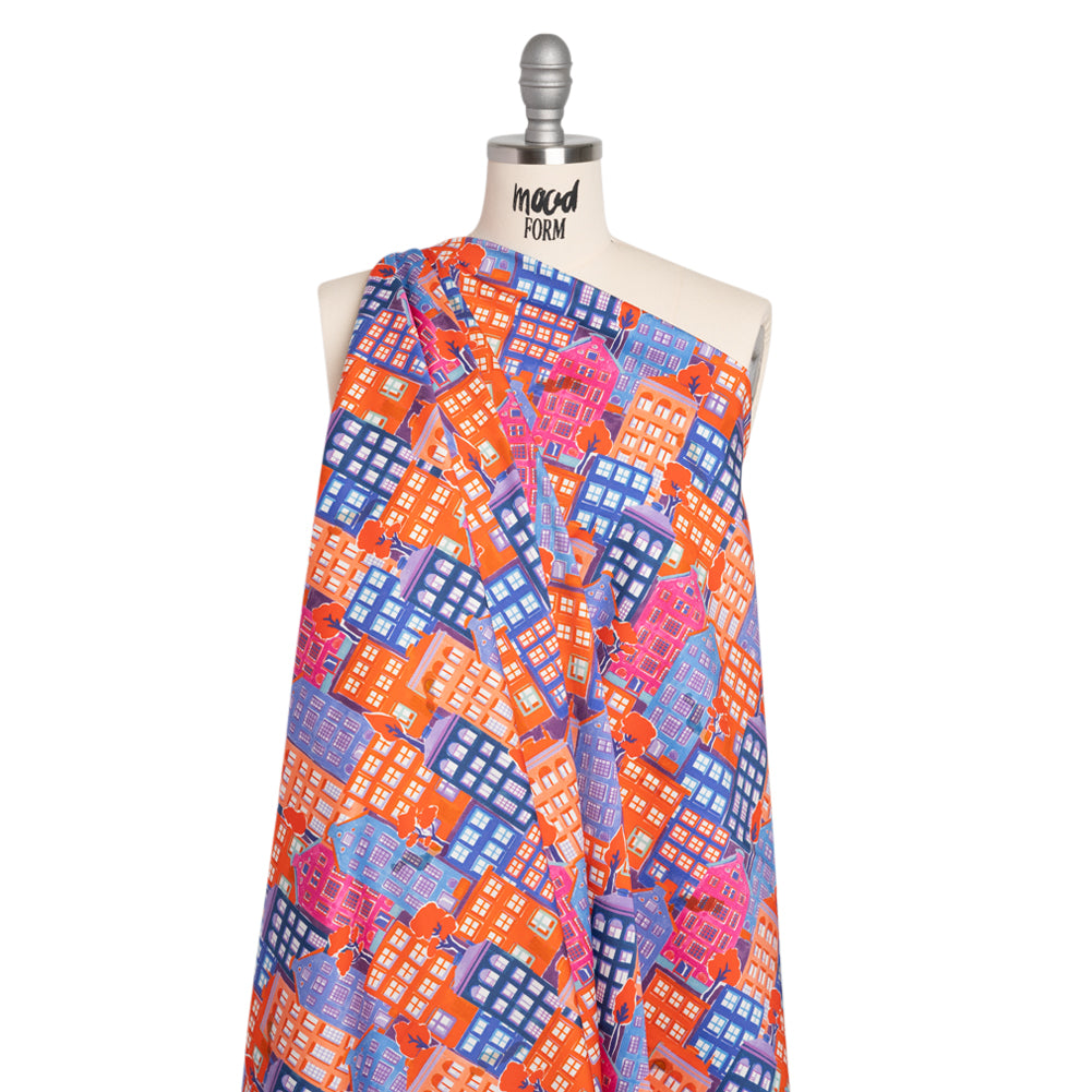 Stretch Cotton Sateen - Purple, Orange and Blue Houses - Sunlit City Print - Mood Exclusive Chariot Collection - Drape Stretch Cotton Sateen - Purple, Orange and Blue Houses - Sunlit City Print - Mood Exclusive Chariot Collection - Drape
