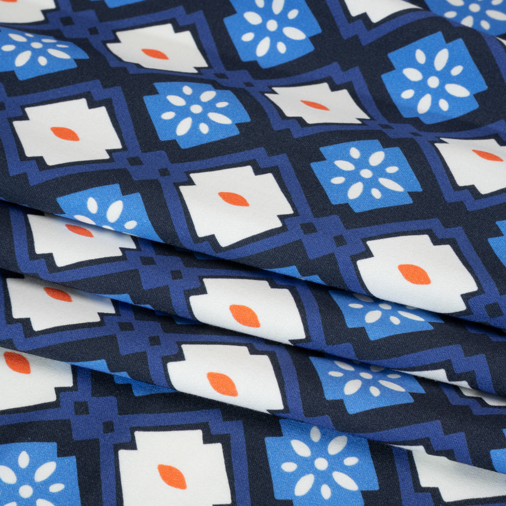 Stretch Cotton Sateen - Blue and Orange Geometric - Santorini Spritz Print - Mood Exclusive Chariot Collection Stretch Cotton Sateen - Blue and Orange Geometric - Santorini Spritz Print - Mood Exclusive Chariot Collection