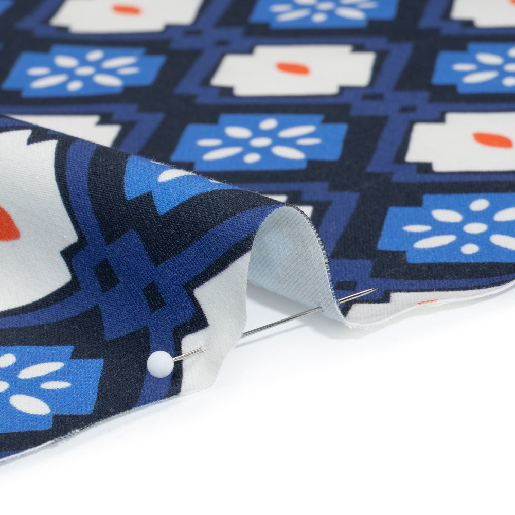 Stretch Cotton Sateen - Blue and Orange Geometric - Santorini Spritz Print - Mood Exclusive Chariot Collection Stretch Cotton Sateen - Blue and Orange Geometric - Santorini Spritz Print - Mood Exclusive Chariot Collection