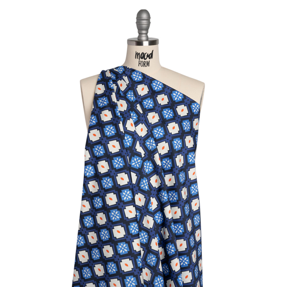 Stretch Cotton Sateen - Blue and Orange Geometric - Santorini Spritz Print - Mood Exclusive Chariot Collection Stretch Cotton Sateen - Blue and Orange Geometric - Santorini Spritz Print - Mood Exclusive Chariot Collection
