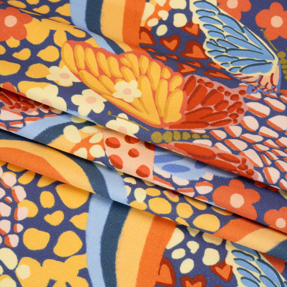 Stretch Cotton Sateen - Orange and Blue Butterflies and Doodles - Sunbeam Garden Print - Mood Exclusive Chariot Collection - Folded Stretch Cotton Sateen - Orange and Blue Butterflies and Doodles - Sunbeam Garden Print - Mood Exclusive Chariot Collection - Folded
