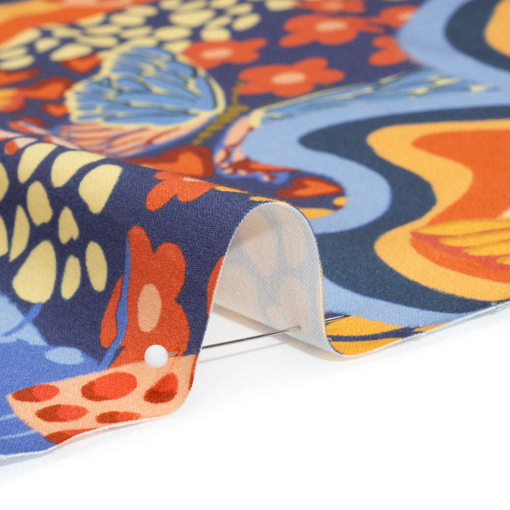Stretch Cotton Sateen - Orange and Blue Butterflies and Doodles - Sunbeam Garden Print - Mood Exclusive Chariot Collection - Detail Stretch Cotton Sateen - Orange and Blue Butterflies and Doodles - Sunbeam Garden Print - Mood Exclusive Chariot Collection - Detail