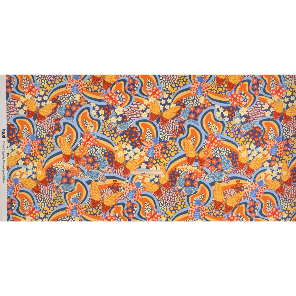 Stretch Cotton Sateen - Orange and Blue Butterflies and Doodles - Sunbeam Garden Print - Mood Exclusive Chariot Collection - Full Stretch Cotton Sateen - Orange and Blue Butterflies and Doodles - Sunbeam Garden Print - Mood Exclusive Chariot Collection - Full