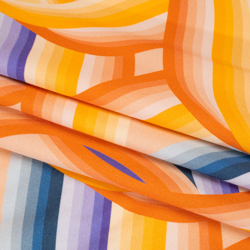 Stretch Cotton Sateen - Orange, Blue and Purple Abstract Lines - Iris's Message Print - Mood Exclusive Chariot Collection - Folded Stretch Cotton Sateen - Orange, Blue and Purple Abstract Lines - Iris's Message Print - Mood Exclusive Chariot Collection - Folded
