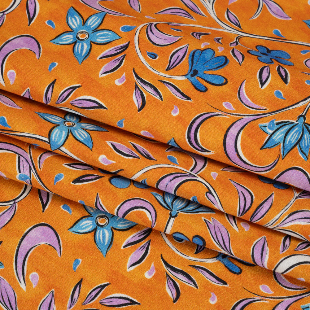 Stretch Cotton Sateen - Orange and Blue Floral - Apollo's Laurel Print - Mood Exclusive Chariot Collection - Folded Stretch Cotton Sateen - Orange and Blue Floral - Apollo's Laurel Print - Mood Exclusive Chariot Collection - Folded