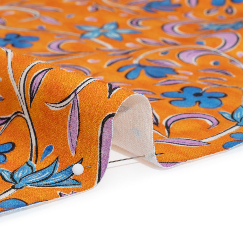 Stretch Cotton Sateen - Orange and Blue Floral - Apollo's Laurel Print - Mood Exclusive Chariot Collection - Detail Stretch Cotton Sateen - Orange and Blue Floral - Apollo's Laurel Print - Mood Exclusive Chariot Collection - Detail