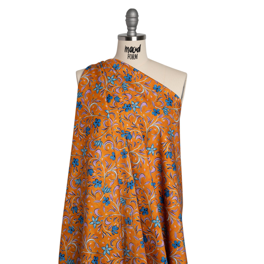 Stretch Cotton Sateen - Orange and Blue Floral - Apollo's Laurel Print - Mood Exclusive Chariot Collection - Drape Stretch Cotton Sateen - Orange and Blue Floral - Apollo's Laurel Print - Mood Exclusive Chariot Collection - Drape