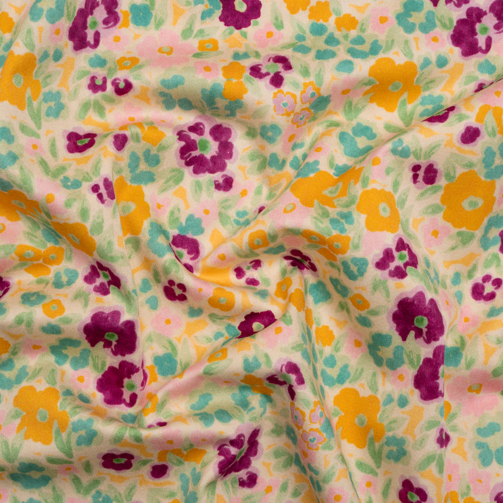Stretch Cotton Sateen - Yellow and Plum Floral - Midsummer Meadow Print - Mood Exclusive Chariot Collection Stretch Cotton Sateen - Yellow and Plum Floral - Midsummer Meadow Print - Mood Exclusive Chariot Collection