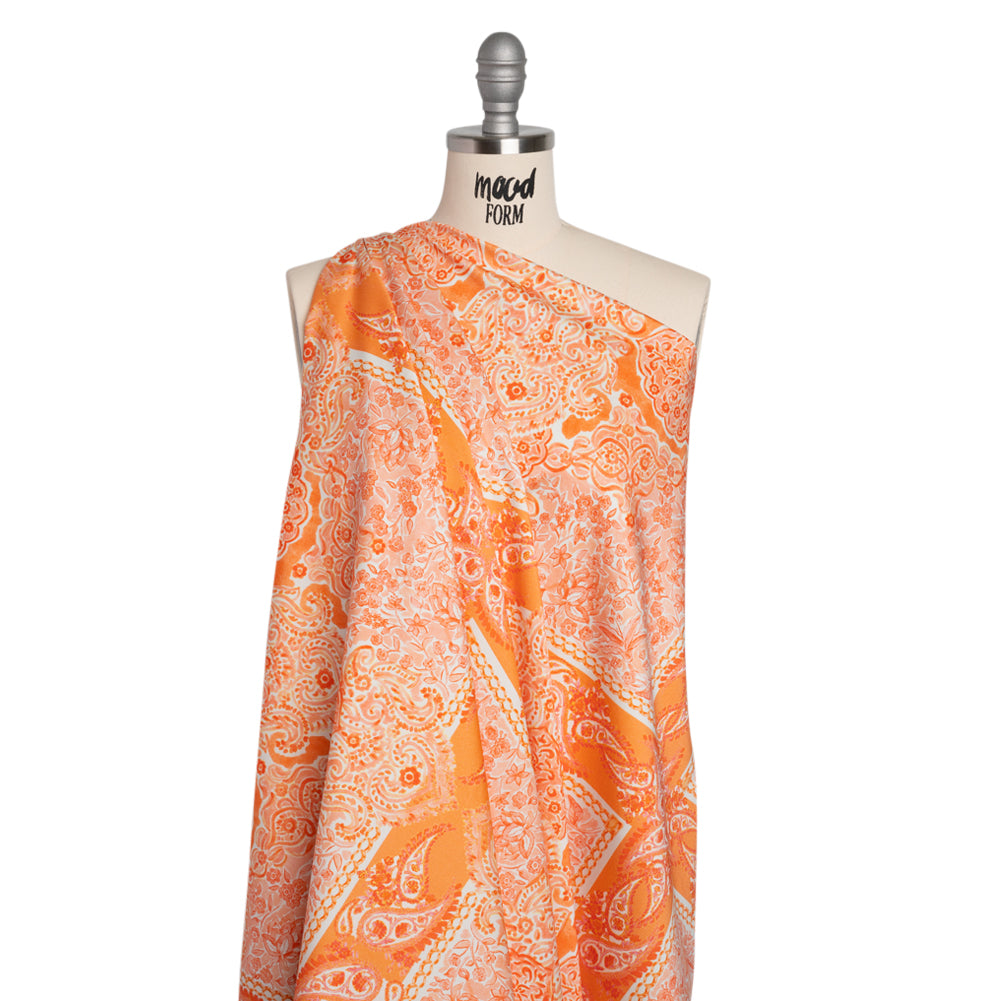 Stretch Cotton Sateen Panel - Orange Paisley Floral - Sicilian Summer Print - Mood Exclusive Chariot Collection - Drape Stretch Cotton Sateen Panel - Orange Paisley Floral - Sicilian Summer Print - Mood Exclusive Chariot Collection - Drape