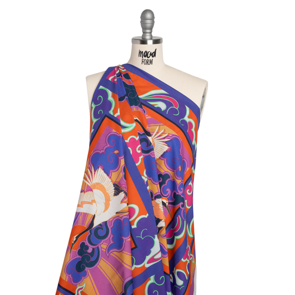 Cotton Voile Panel - Purple and Orange Cranes and Clouds - Sunrise Flight Print - Mood Exclusive Chariot Collection Cotton Voile Panel - Purple and Orange Cranes and Clouds - Sunrise Flight Print - Mood Exclusive Chariot Collection