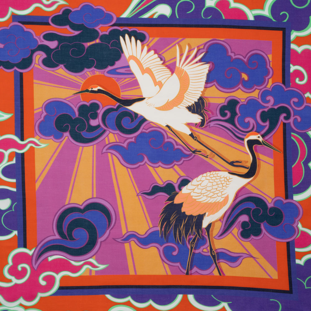 Cotton Voile Panel - Purple and Orange Cranes and Clouds - Sunrise Flight Print - Mood Exclusive Chariot Collection Cotton Voile Panel - Purple and Orange Cranes and Clouds - Sunrise Flight Print - Mood Exclusive Chariot Collection