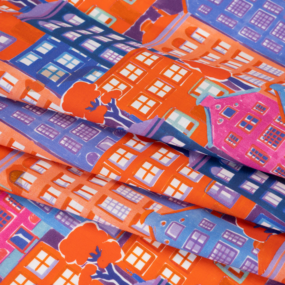 Cotton Voile - Purple, Orange and Blue Houses - Sunlit City Print - Mood Exclusive Chariot Collection Cotton Voile - Purple, Orange and Blue Houses - Sunlit City Print - Mood Exclusive Chariot Collection