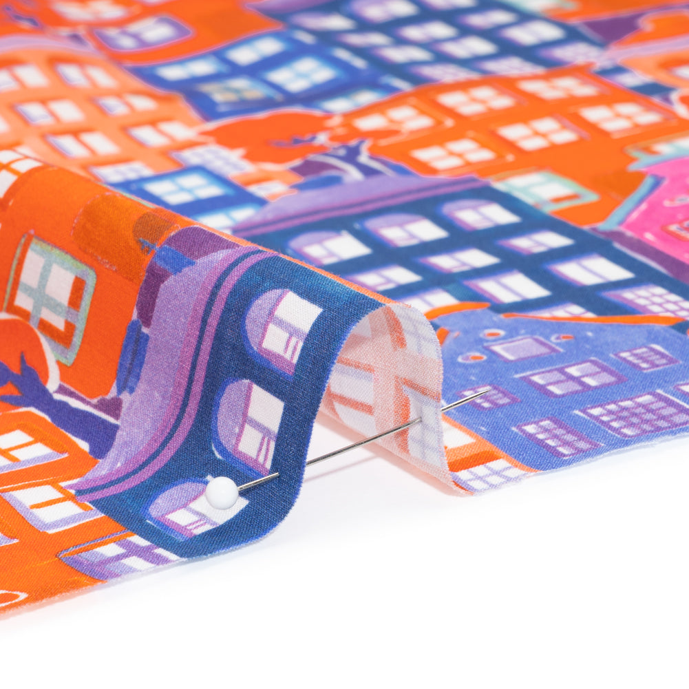 Cotton Voile - Purple, Orange and Blue Houses - Sunlit City Print - Mood Exclusive Chariot Collection Cotton Voile - Purple, Orange and Blue Houses - Sunlit City Print - Mood Exclusive Chariot Collection