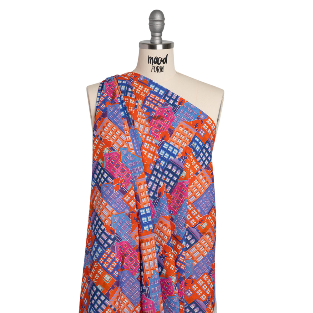 Cotton Voile - Purple, Orange and Blue Houses - Sunlit City Print - Mood Exclusive Chariot Collection Cotton Voile - Purple, Orange and Blue Houses - Sunlit City Print - Mood Exclusive Chariot Collection