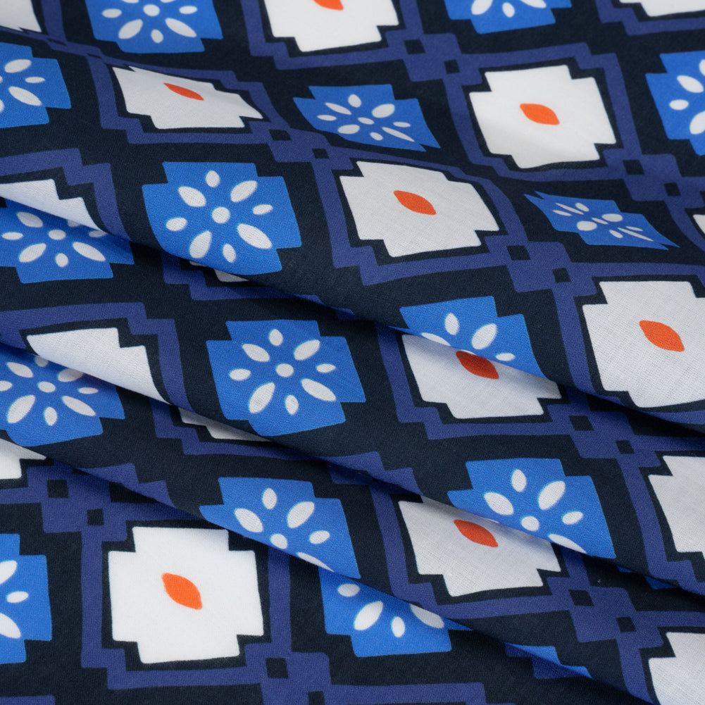 Cotton Voile - Blue and Orange Geometric - Santorini Spritz Print - Mood Exclusive Chariot Collection - Folded Cotton Voile - Blue and Orange Geometric - Santorini Spritz Print - Mood Exclusive Chariot Collection - Folded