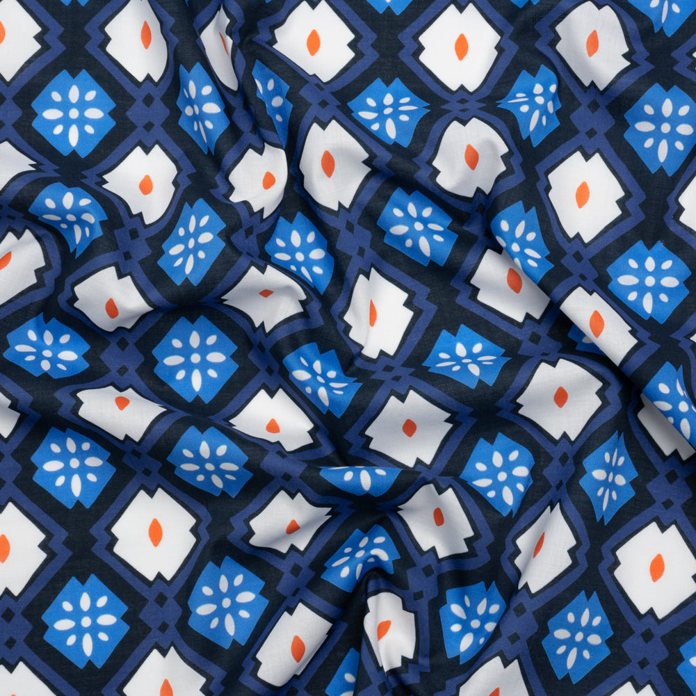 Cotton Voile - Blue and Orange Geometric - Santorini Spritz Print - Mood Exclusive Chariot Collection Cotton Voile - Blue and Orange Geometric - Santorini Spritz Print - Mood Exclusive Chariot Collection