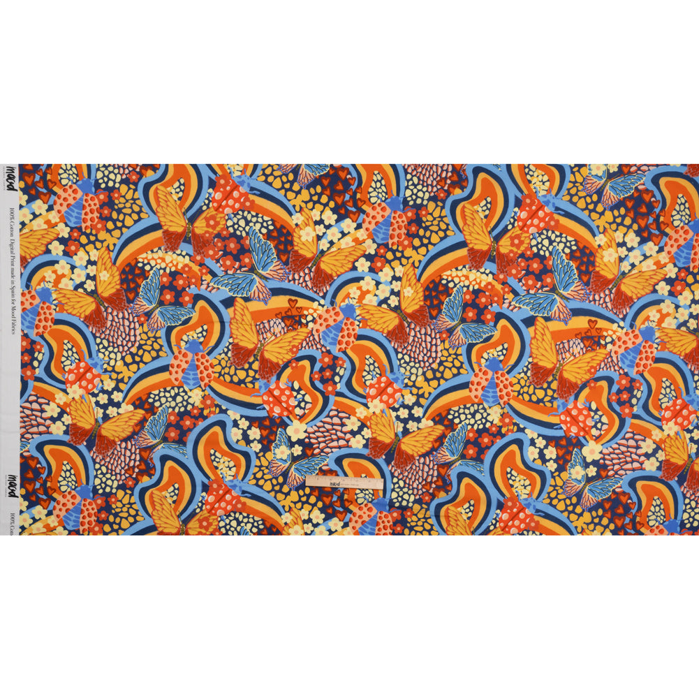 Cotton Voile - Orange and Blue Butterflies and Doodles - Sunbeam Garden Print - Mood Exclusive Chariot Collection - Full Cotton Voile - Orange and Blue Butterflies and Doodles - Sunbeam Garden Print - Mood Exclusive Chariot Collection - Full