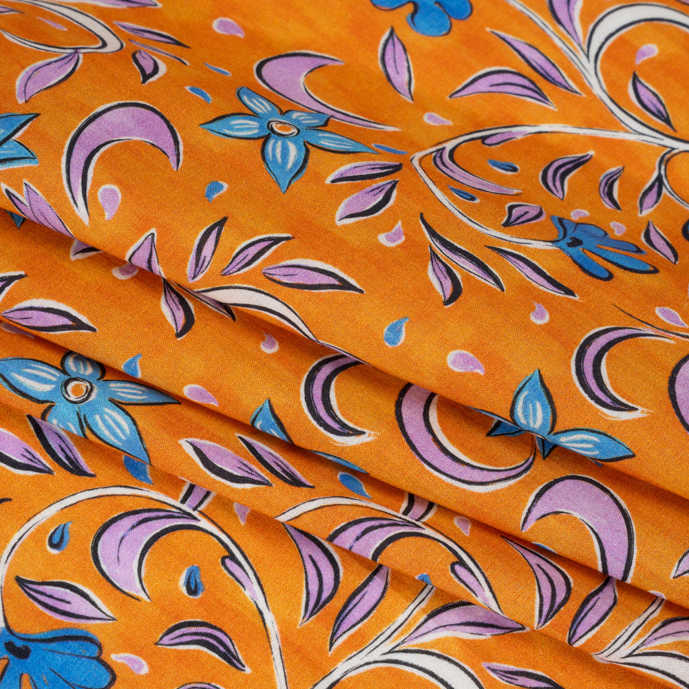 Cotton Voile - Orange and Blue Floral - Apollo's Laurel Print - Mood Exclusive Chariot Collection - Folded Cotton Voile - Orange and Blue Floral - Apollo's Laurel Print - Mood Exclusive Chariot Collection - Folded