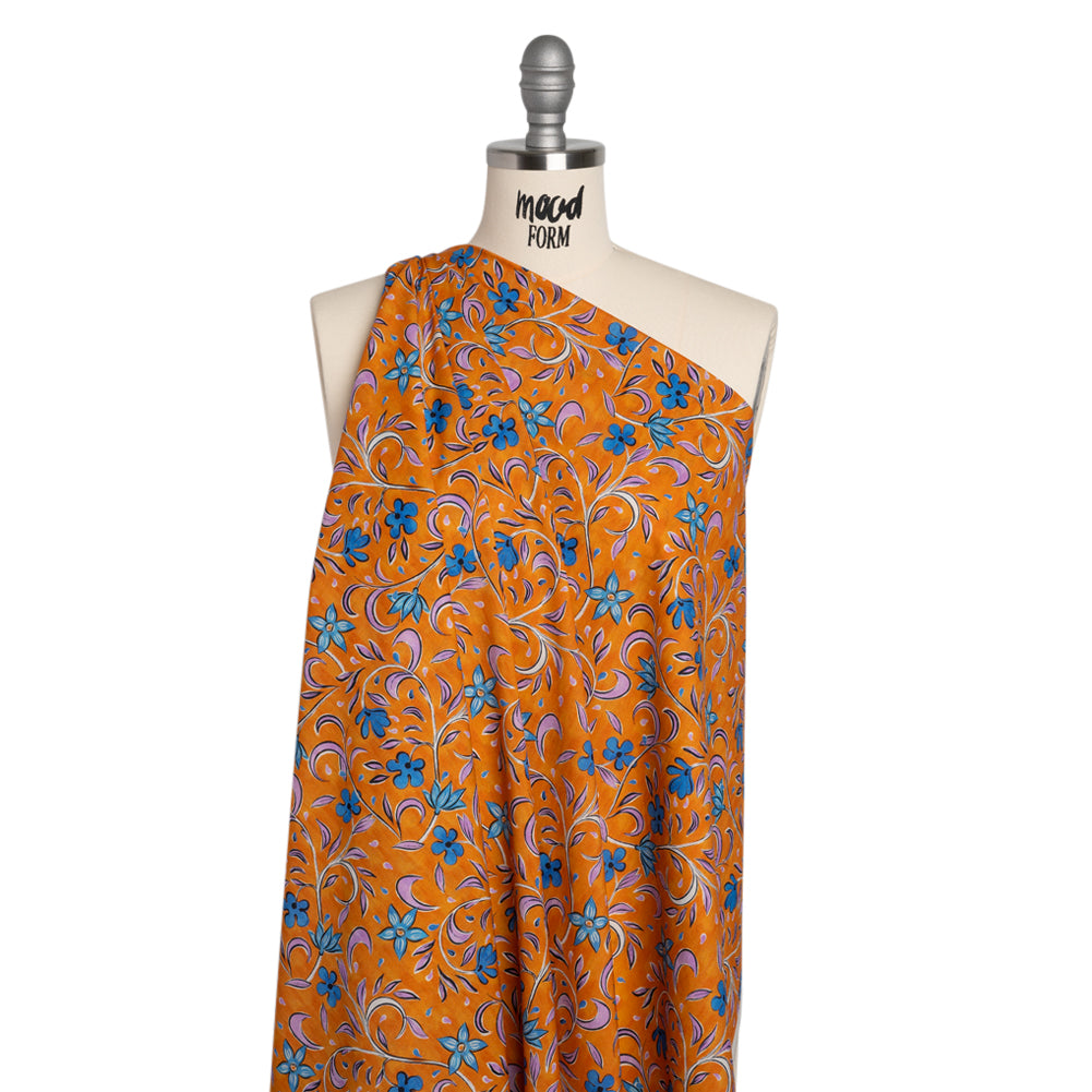 Cotton Voile - Orange and Blue Floral - Apollo's Laurel Print - Mood Exclusive Chariot Collection - Drape Cotton Voile - Orange and Blue Floral - Apollo's Laurel Print - Mood Exclusive Chariot Collection - Drape