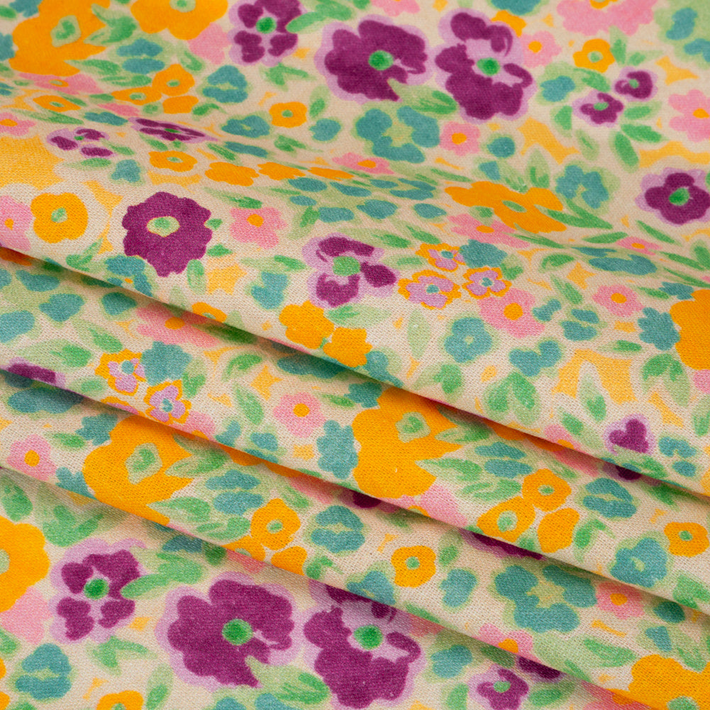 Linen-Rayon Woven - Yellow and Plum Floral - Midsummer Meadow Print - Mood Exclusive Chariot Collection - Folded Linen-Rayon Woven - Yellow and Plum Floral - Midsummer Meadow Print - Mood Exclusive Chariot Collection - Folded