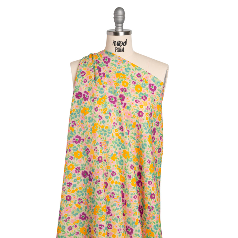 Linen-Rayon Woven - Yellow and Plum Floral - Midsummer Meadow Print - Mood Exclusive Chariot Collection - Drape Linen-Rayon Woven - Yellow and Plum Floral - Midsummer Meadow Print - Mood Exclusive Chariot Collection - Drape