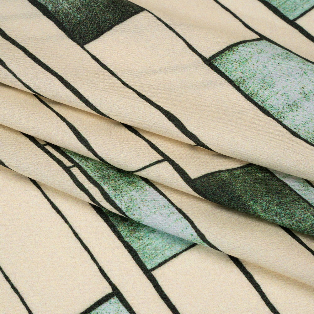 Rayon Challis - Green and Cream Geometric Blocks - Cliffside Climb Print - Mood Exclusive Acadia Collection - Folded Rayon Challis - Green and Cream Geometric Blocks - Cliffside Climb Print - Mood Exclusive Acadia Collection - Folded