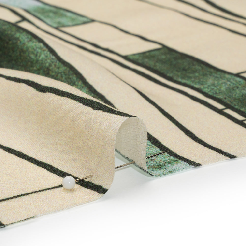 Rayon Challis - Green and Cream Geometric Blocks - Cliffside Climb Print - Mood Exclusive Acadia Collection - Detail Rayon Challis - Green and Cream Geometric Blocks - Cliffside Climb Print - Mood Exclusive Acadia Collection - Detail