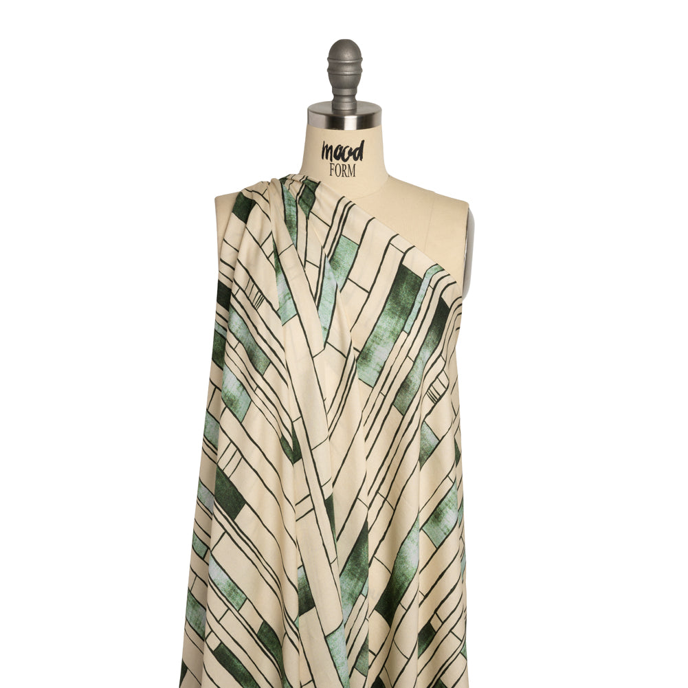 Rayon Challis - Green and Cream Geometric Blocks - Cliffside Climb Print - Mood Exclusive Acadia Collection - Drape Rayon Challis - Green and Cream Geometric Blocks - Cliffside Climb Print - Mood Exclusive Acadia Collection - Drape