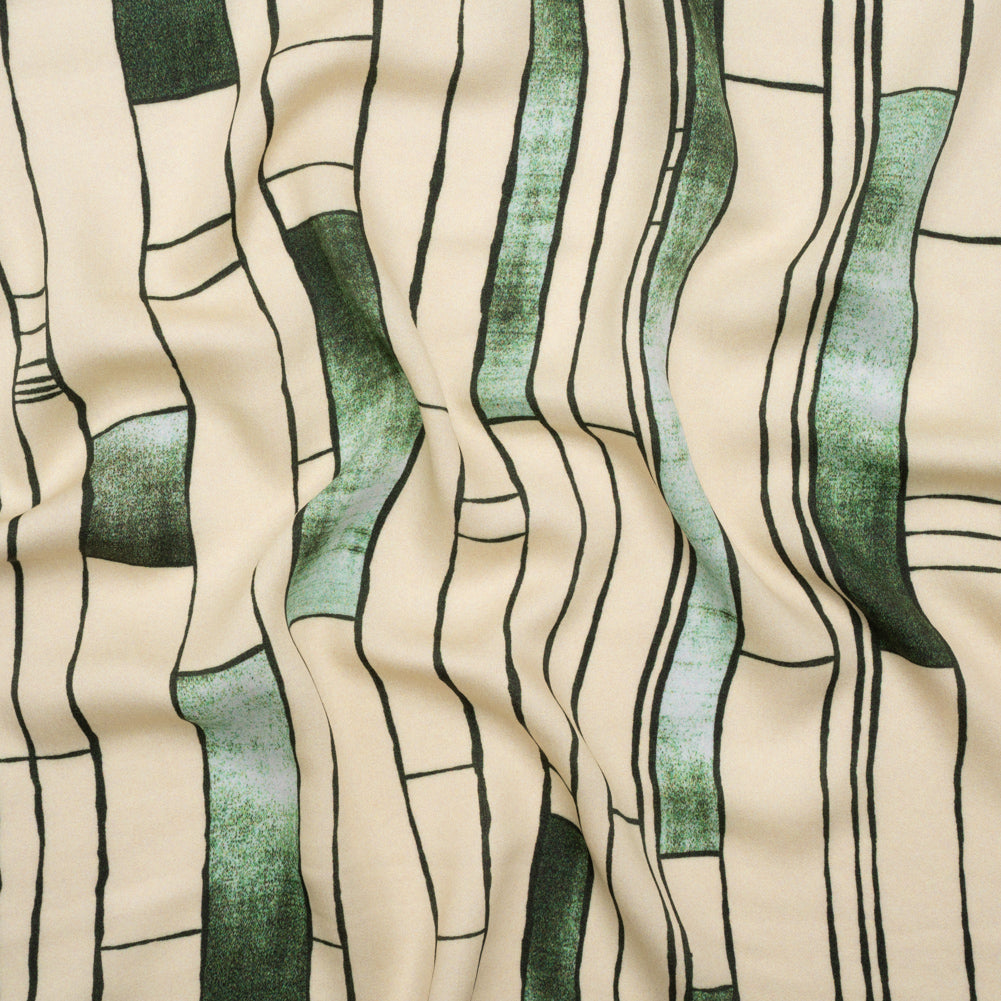 Rayon Challis - Green and Cream Geometric Blocks - Cliffside Climb Print - Mood Exclusive Acadia Collection Rayon Challis - Green and Cream Geometric Blocks - Cliffside Climb Print - Mood Exclusive Acadia Collection