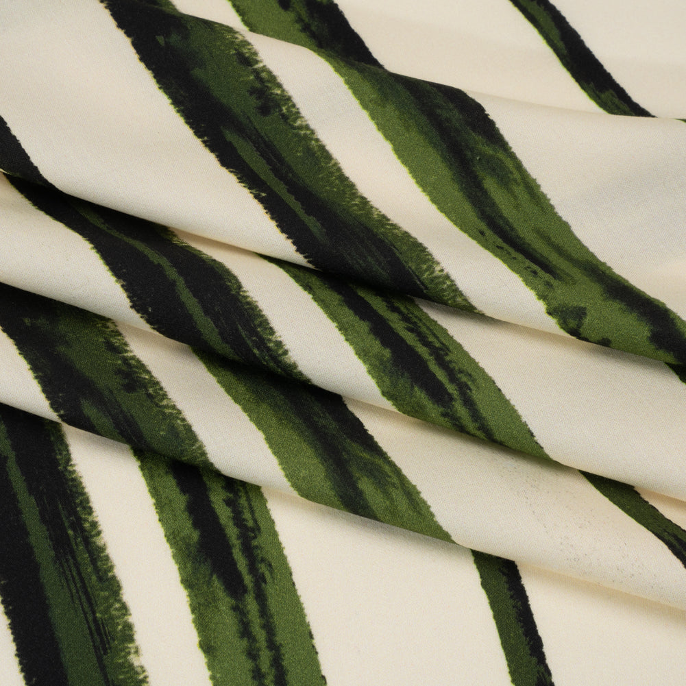 Rayon Challis - Cream and Green Painted Stripes - Verdant Trail Print - Mood Exclusive Acadia Collection - Folded Rayon Challis - Cream and Green Painted Stripes - Verdant Trail Print - Mood Exclusive Acadia Collection - Folded