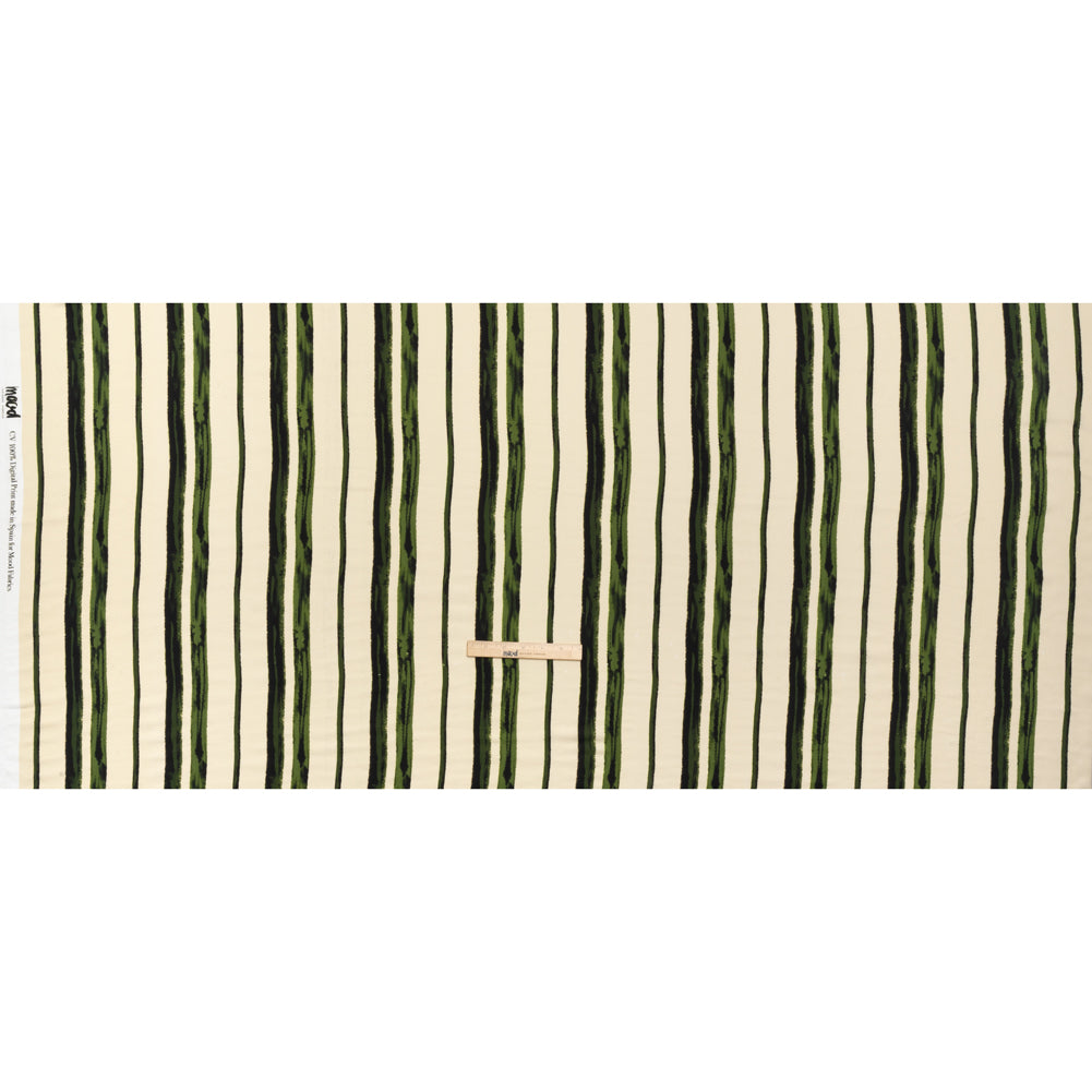 Rayon Challis - Cream and Green Painted Stripes - Verdant Trail Print - Mood Exclusive Acadia Collection - Full Rayon Challis - Cream and Green Painted Stripes - Verdant Trail Print - Mood Exclusive Acadia Collection - Full
