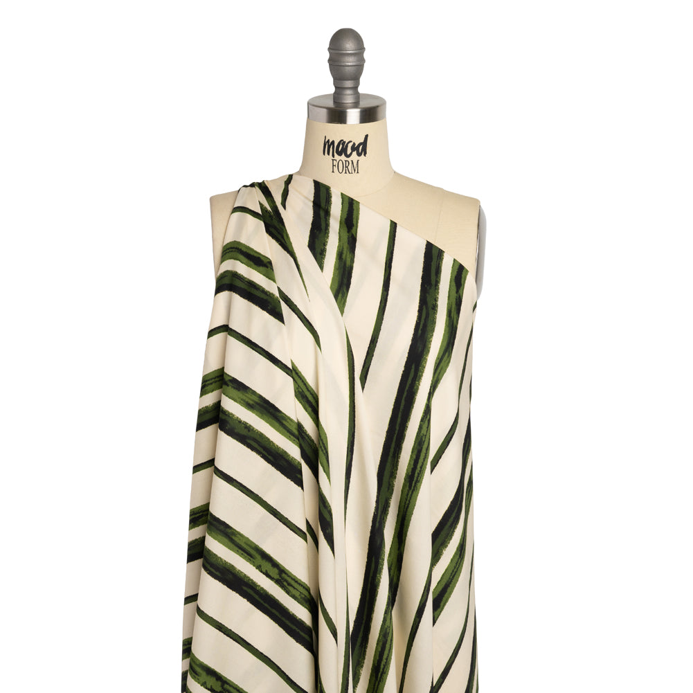 Rayon Challis - Cream and Green Painted Stripes - Verdant Trail Print - Mood Exclusive Acadia Collection - Drape Rayon Challis - Cream and Green Painted Stripes - Verdant Trail Print - Mood Exclusive Acadia Collection - Drape