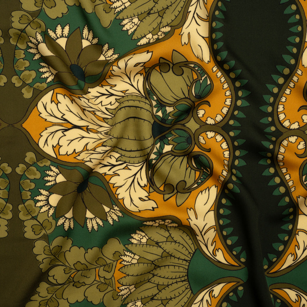 Rayon Challis - Olive Green, Teal and Mango Orange Wavy Floral Stripes - Nymph’s Harvest Print - Mood Exclusive Acadia Collection Rayon Challis - Olive Green, Teal and Mango Orange Wavy Floral Stripes - Nymph’s Harvest Print - Mood Exclusive Acadia Collection
