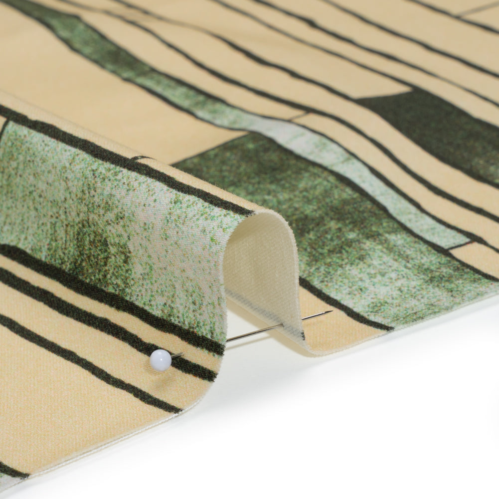 Stretch Cotton Sateen - Green and Cream Geometric Blocks - Cliffside Climb Print - Mood Exclusive Acadia Collection - Detail Stretch Cotton Sateen - Green and Cream Geometric Blocks - Cliffside Climb Print - Mood Exclusive Acadia Collection - Detail