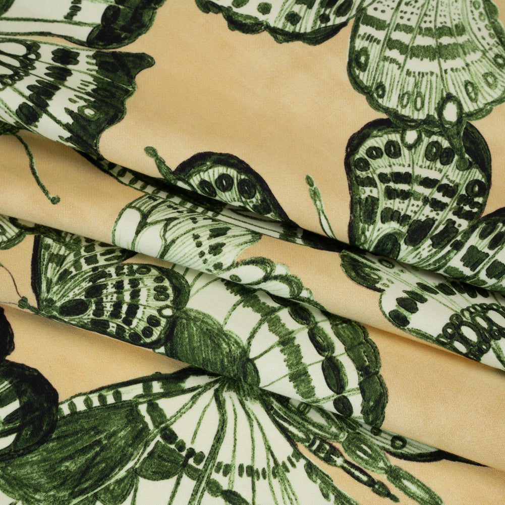 Stretch Cotton Sateen - Green and Cream Butterflies - Monarch Mountain Print - Mood Exclusive Acadia Collection - Folded Stretch Cotton Sateen - Green and Cream Butterflies - Monarch Mountain Print - Mood Exclusive Acadia Collection - Folded