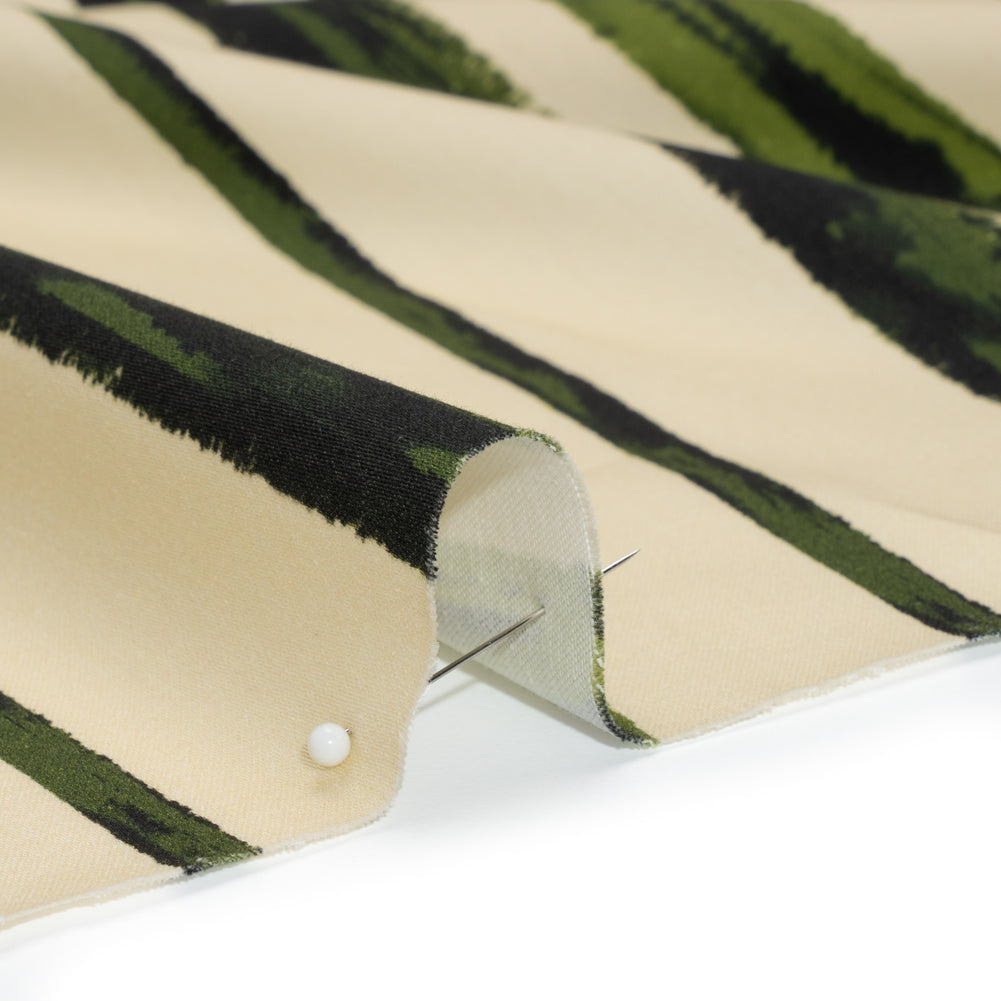 Stretch Cotton Sateen - Cream and Green Painted Stripes - Verdant Trail Print - Mood Exclusive Acadia Collection - Detail Stretch Cotton Sateen - Cream and Green Painted Stripes - Verdant Trail Print - Mood Exclusive Acadia Collection - Detail
