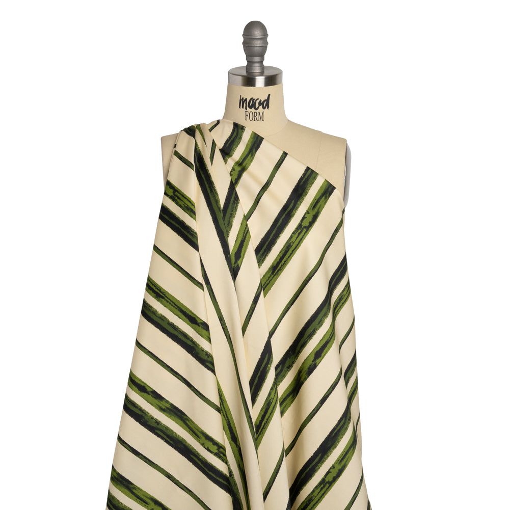 Stretch Cotton Sateen - Cream and Green Painted Stripes - Verdant Trail Print - Mood Exclusive Acadia Collection - Drape Stretch Cotton Sateen - Cream and Green Painted Stripes - Verdant Trail Print - Mood Exclusive Acadia Collection - Drape