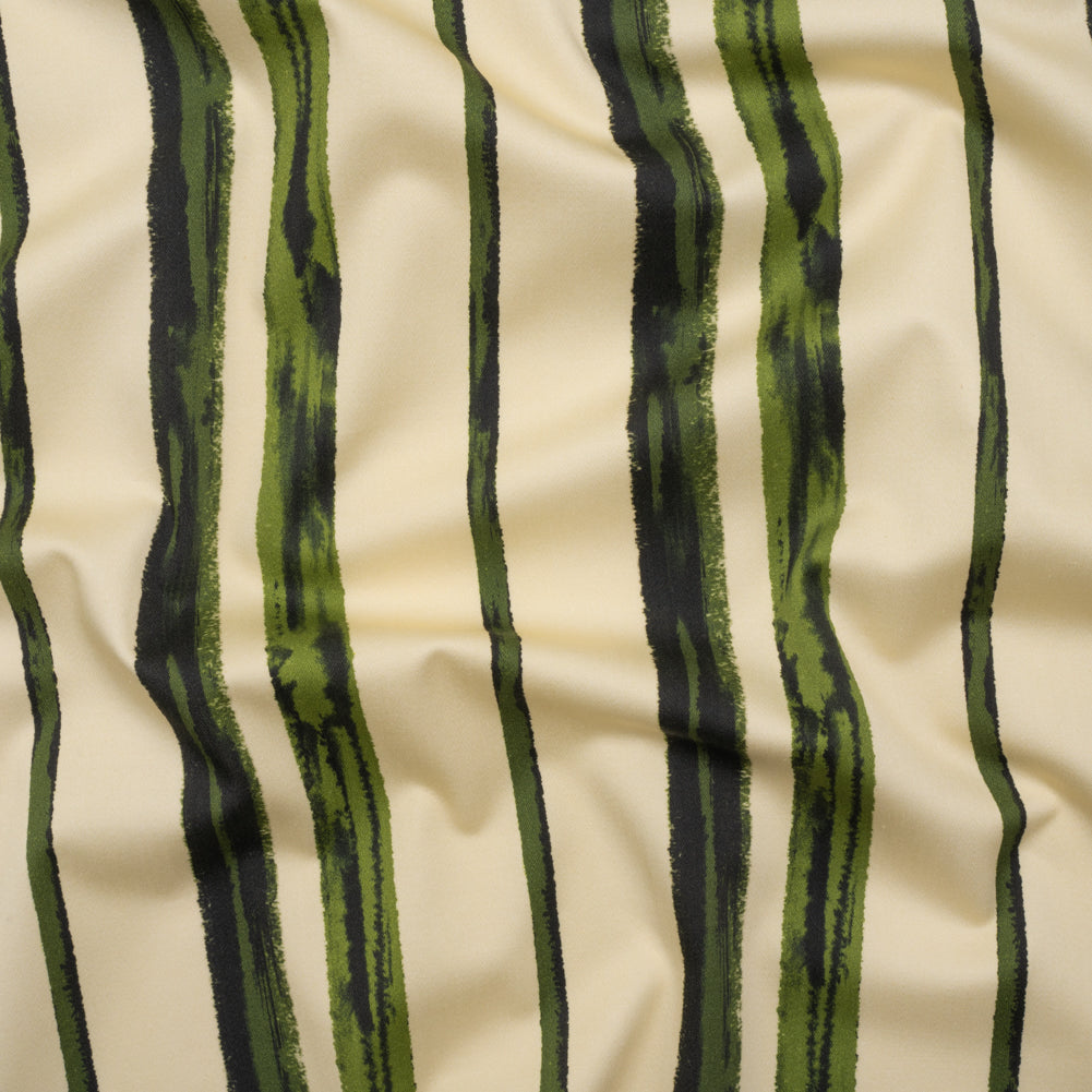 Stretch Cotton Sateen - Cream and Green Painted Stripes - Verdant Trail Print - Mood Exclusive Acadia Collection Stretch Cotton Sateen - Cream and Green Painted Stripes - Verdant Trail Print - Mood Exclusive Acadia Collection