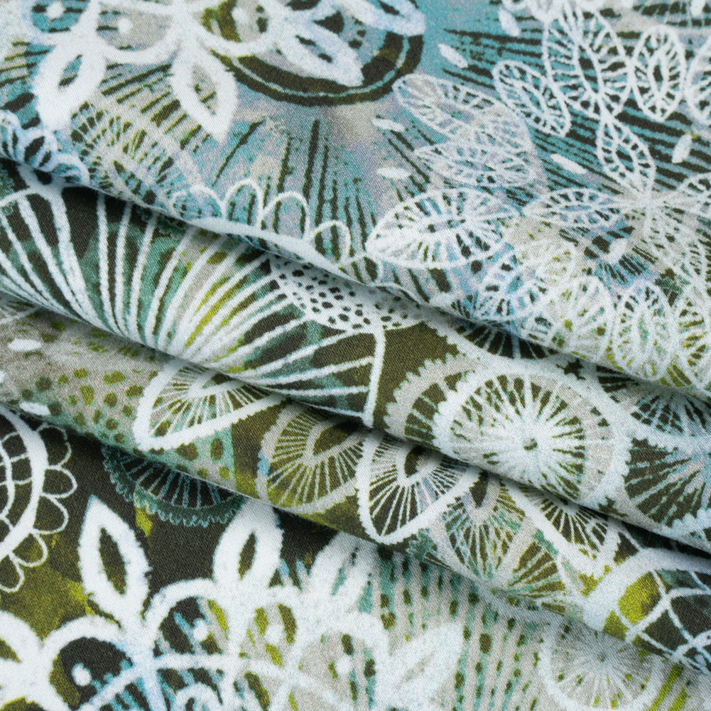 Stretch Cotton Sateen - Olive Green, Sky Blue and White Flowers and Circles - Kaleidoscope Sunbeam Print - Mood Exclusive Acadia Collection Folded Stretch Cotton Sateen - Olive Green, Sky Blue and White Flowers and Circles - Kaleidoscope Sunbeam Print - Mood Exclusive Acadia Collection Folded