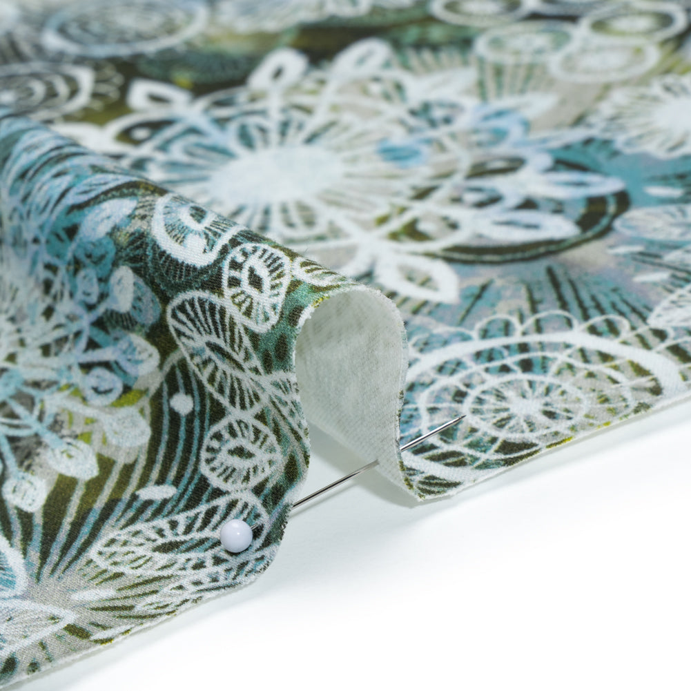 Stretch Cotton Sateen - Olive Green, Sky Blue and White Flowers and Circles - Kaleidoscope Sunbeam Print - Mood Exclusive Acadia Collection Detail Stretch Cotton Sateen - Olive Green, Sky Blue and White Flowers and Circles - Kaleidoscope Sunbeam Print - Mood Exclusive Acadia Collection Detail
