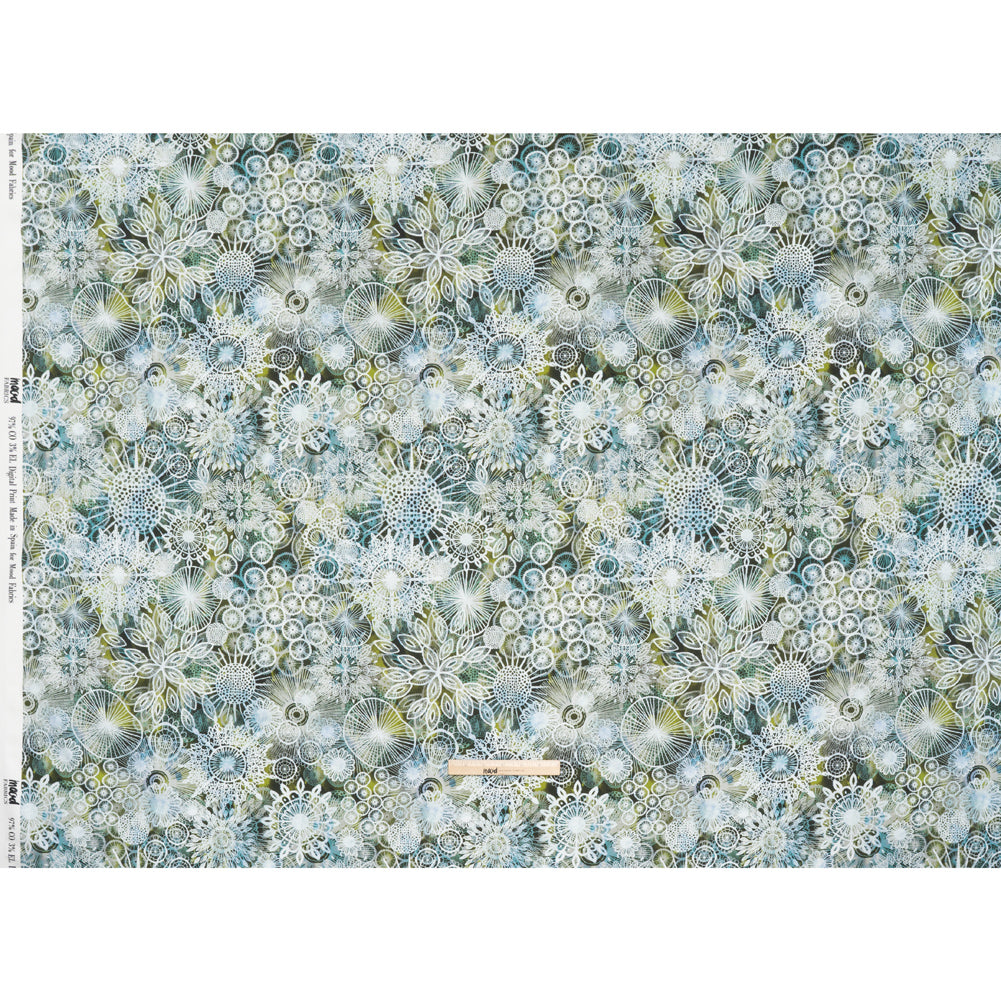 Stretch Cotton Sateen - Olive Green, Sky Blue and White Flowers and Circles - Kaleidoscope Sunbeam Print - Mood Exclusive Acadia Collection - Full Stretch Cotton Sateen - Olive Green, Sky Blue and White Flowers and Circles - Kaleidoscope Sunbeam Print - Mood Exclusive Acadia Collection - Full