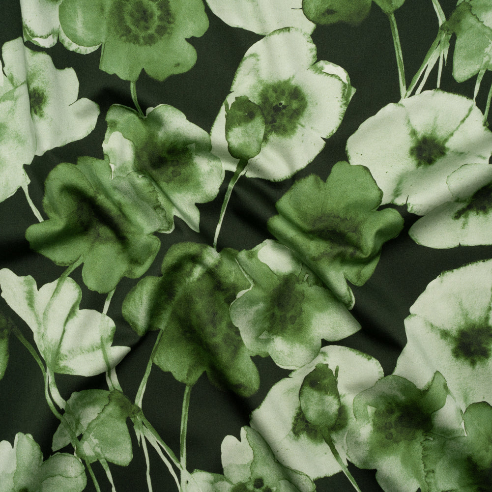 Stretch Cotton Sateen - Green Painterly Flowers - Coastal Clover Print