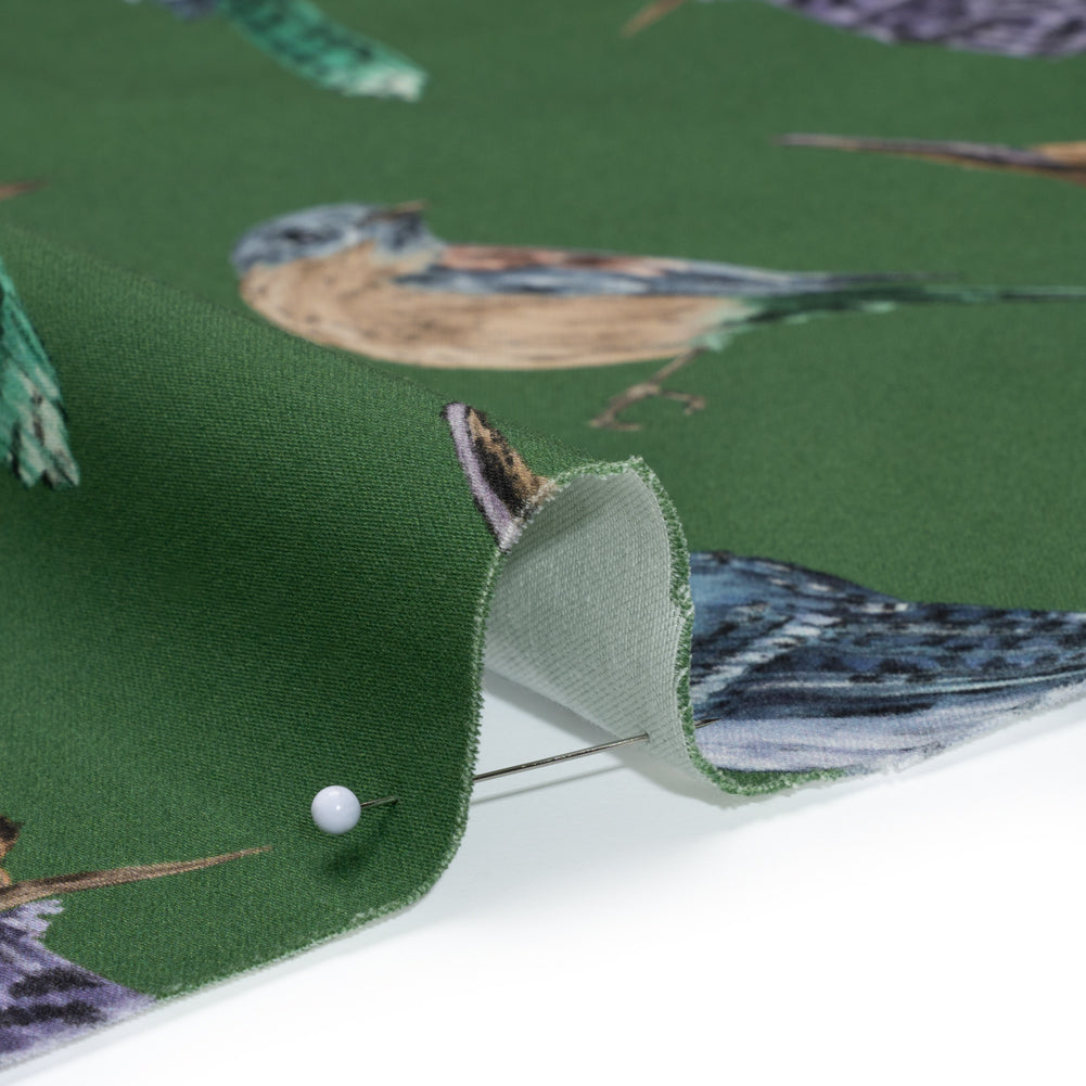 Stretch Cotton Sateen - Green, Blue and Beige Little Birds - Birdsong Saunter Print - Mood Exclusive Acadia Collection - Detail Stretch Cotton Sateen - Green, Blue and Beige Little Birds - Birdsong Saunter Print - Mood Exclusive Acadia Collection - Detail