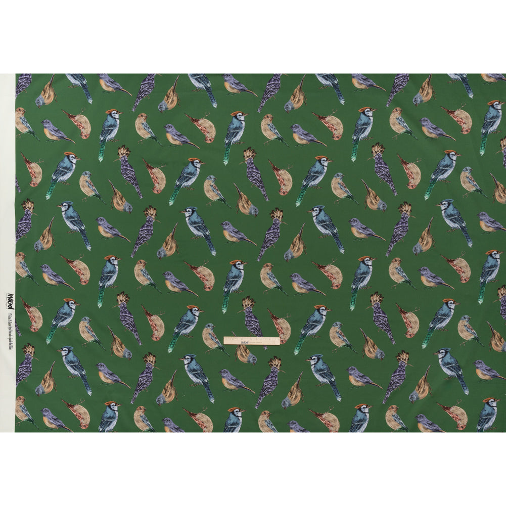 Stretch Cotton Sateen - Green, Blue and Beige Little Birds - Birdsong Saunter Print - Mood Exclusive Acadia Collection - Full Stretch Cotton Sateen - Green, Blue and Beige Little Birds - Birdsong Saunter Print - Mood Exclusive Acadia Collection - Full