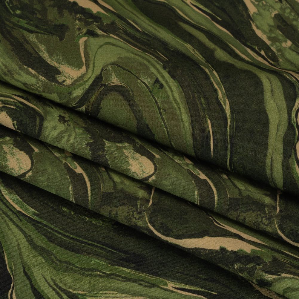 Stretch Cotton Sateen - Green and Beige Abstract Swirls - Painter’s Pond Print - Mood Exclusive Acadia Collection - Folded Stretch Cotton Sateen - Green and Beige Abstract Swirls - Painter’s Pond Print - Mood Exclusive Acadia Collection - Folded