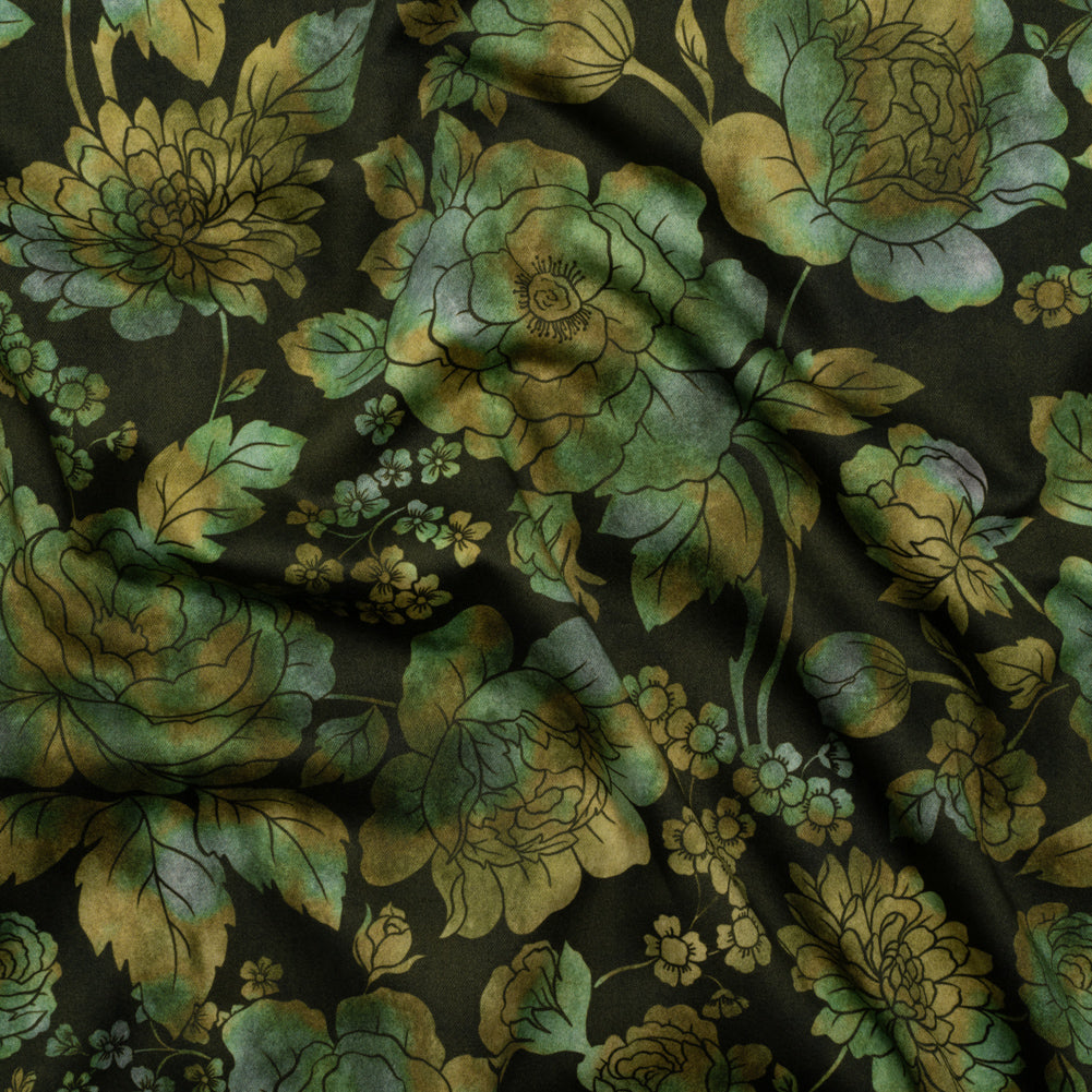 Stretch Cotton Sateen - Green, Olive and Navy Floral - Secret Garden Print - Mood Exclusive Acadia Collection Stretch Cotton Sateen - Green, Olive and Navy Floral - Secret Garden Print - Mood Exclusive Acadia Collection