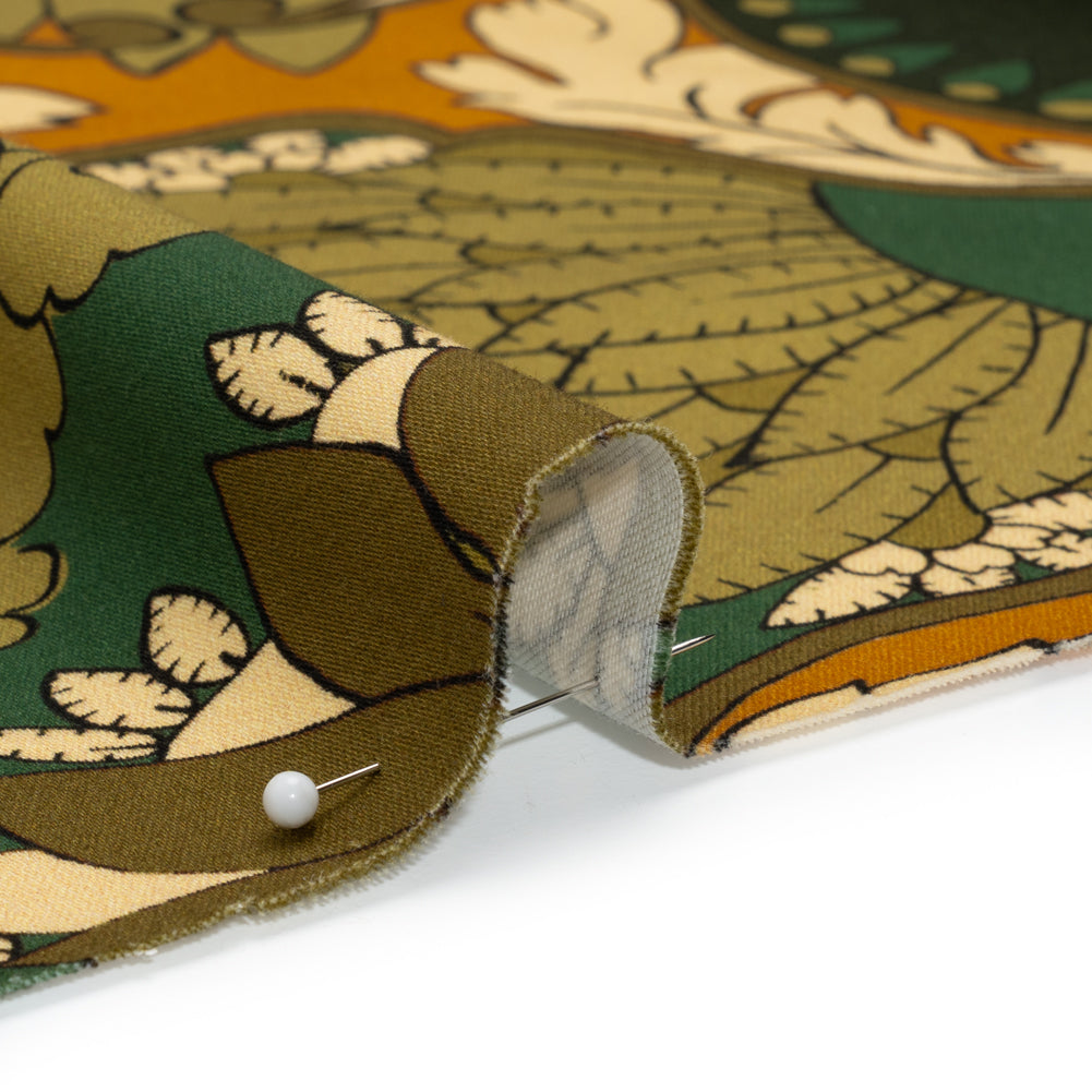 Stretch Cotton Sateen - Olive Green, Teal and Mango Orange Wavy Floral Stripes - Nymph’s Harvest Print - Mood Exclusive Acadia Collection - Detail Stretch Cotton Sateen - Olive Green, Teal and Mango Orange Wavy Floral Stripes - Nymph’s Harvest Print - Mood Exclusive Acadia Collection - Detail