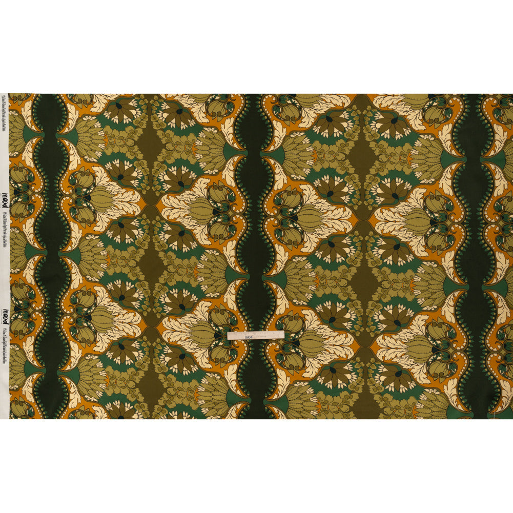 Stretch Cotton Sateen - Olive Green, Teal and Mango Orange Wavy Floral Stripes - Nymph’s Harvest Print - Mood Exclusive Acadia Collection - Full Stretch Cotton Sateen - Olive Green, Teal and Mango Orange Wavy Floral Stripes - Nymph’s Harvest Print - Mood Exclusive Acadia Collection - Full