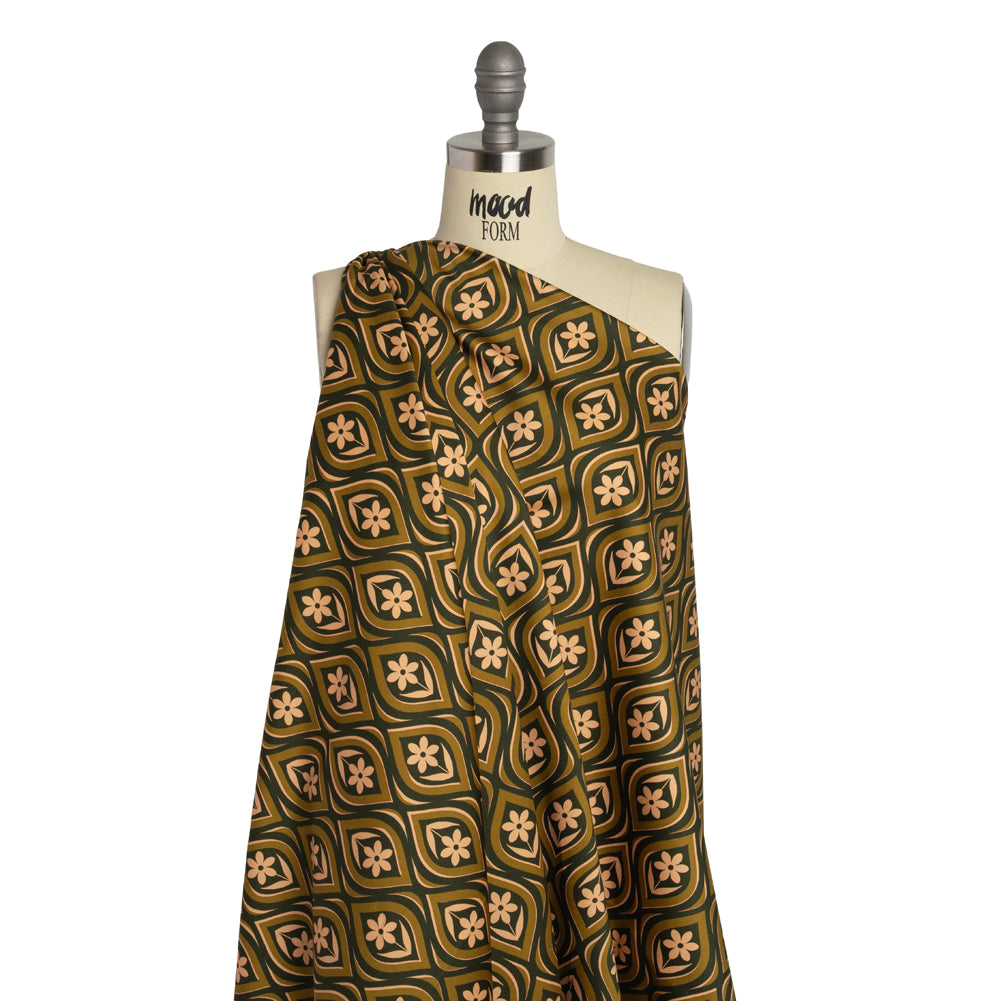 Stretch Cotton Sateen - Olive, Hunter Green, and Beige Floral Ogees - Woodland Blooms Print - Mood Exclusive Acadia Collection - Drape Stretch Cotton Sateen - Olive, Hunter Green, and Beige Floral Ogees - Woodland Blooms Print - Mood Exclusive Acadia Collection - Drape